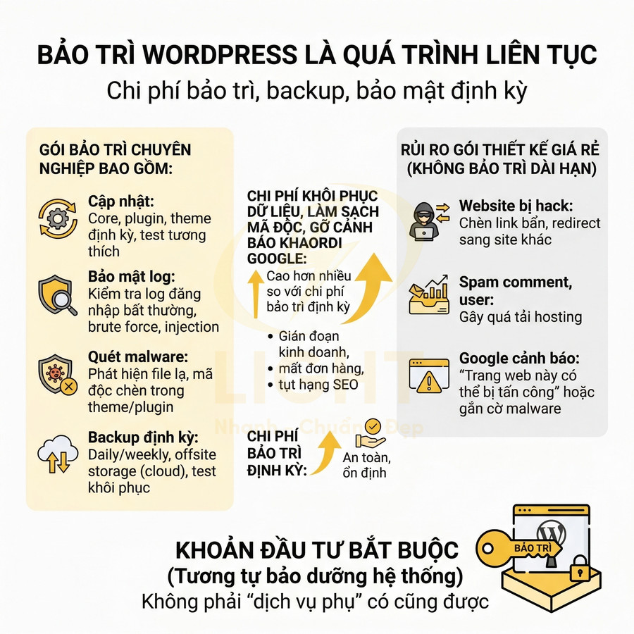 Infographic giới thiệu gói dịch vụ bảo trì WordPress chuyên nghiệp, backup và bảo mật định kỳ