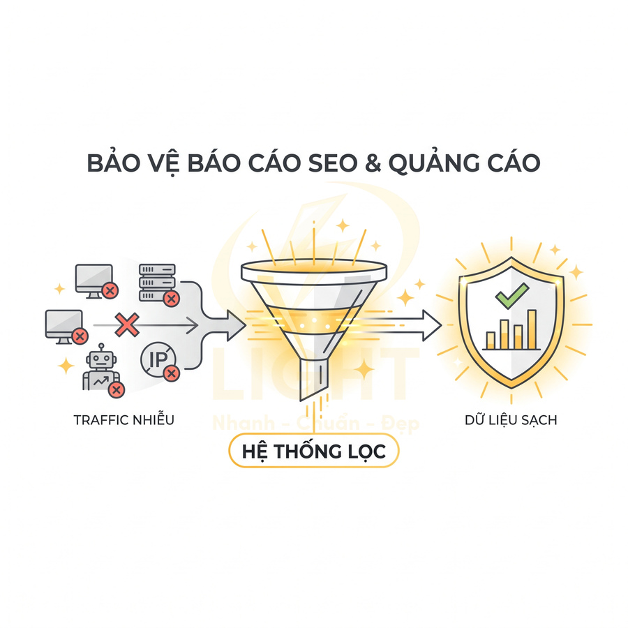 Hệ thống lọc traffic bảo vệ báo cáo SEO và quảng cáo, loại bỏ truy cập xấu để tạo dữ liệu sạch