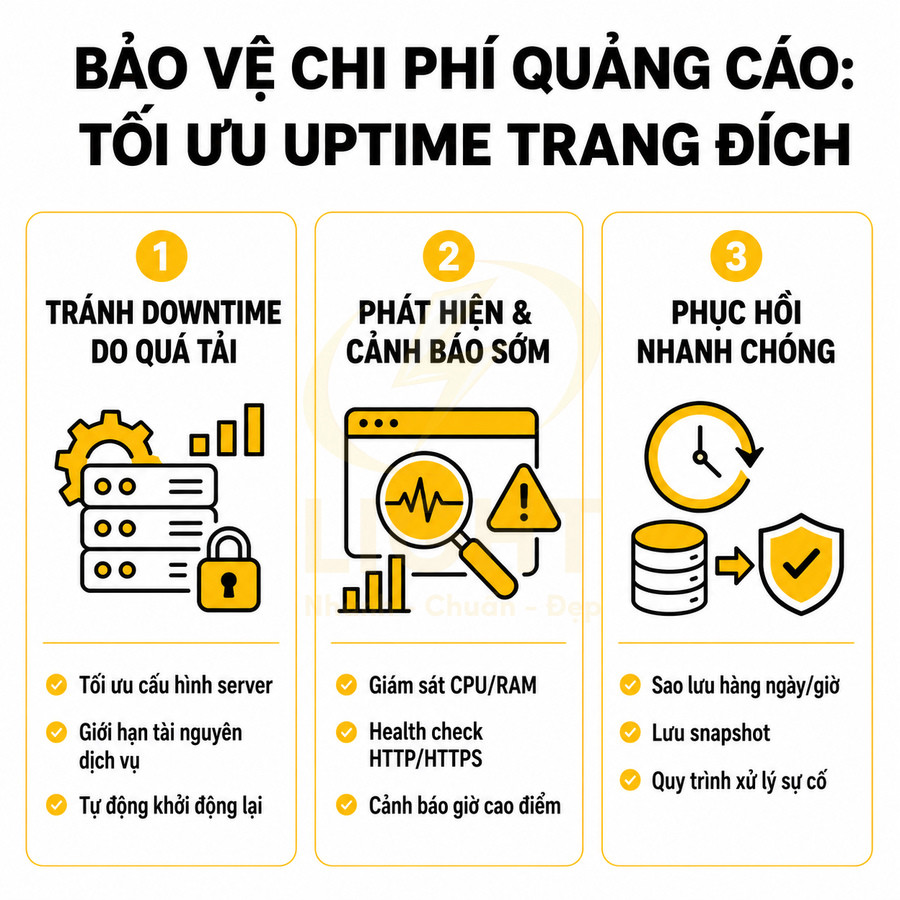 Giải pháp bảo vệ chi phí quảng cáo với tối ưu uptime trang đích, tránh downtime, cảnh báo sớm và phục hồi nhanh