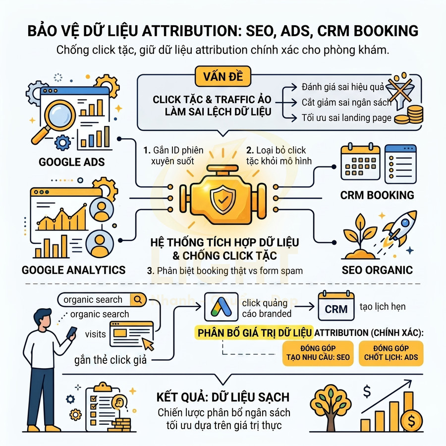 Infographic bảo vệ dữ liệu attribution cho SEO, Google Ads, CRM booking và hệ thống chống click tặc cho phòng khám