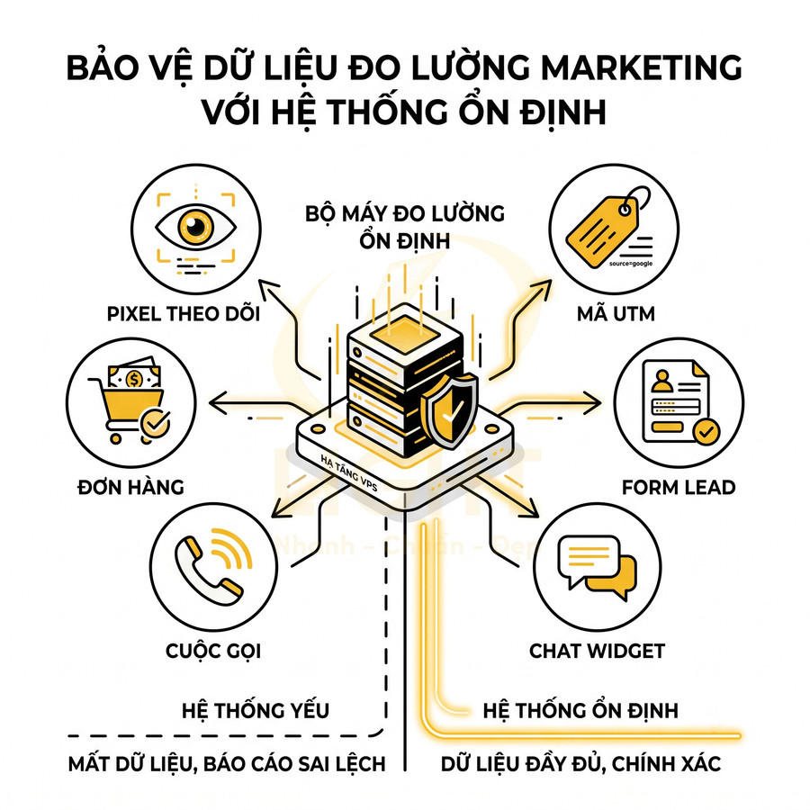 Mô hình hệ thống đo lường marketing ổn định bảo vệ dữ liệu từ pixel, đơn hàng, cuộc gọi, mã UTM, form lead, chat widget