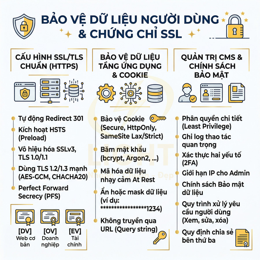 Infographic hướng dẫn bảo vệ dữ liệu người dùng với cấu hình SSL TLS, bảo mật cookie, mật khẩu và quản trị CMS an toàn