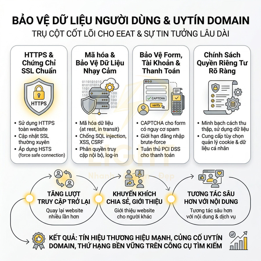 Infographic bảo vệ dữ liệu người dùng và uy tín domain với HTTPS, mã hóa, bảo vệ thanh toán và chính sách quyền riêng tư