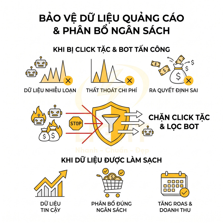 Minh họa giải pháp chặn click tặc và lọc bot để làm sạch dữ liệu quảng cáo, tối ưu phân bổ ngân sách và tăng doanh thu