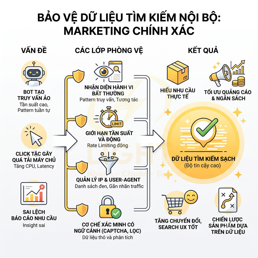 Mô hình bảo vệ dữ liệu tìm kiếm nội bộ giúp lọc bot, giới hạn tần suất và xác minh người dùng để tạo dữ liệu sạch cho marketing