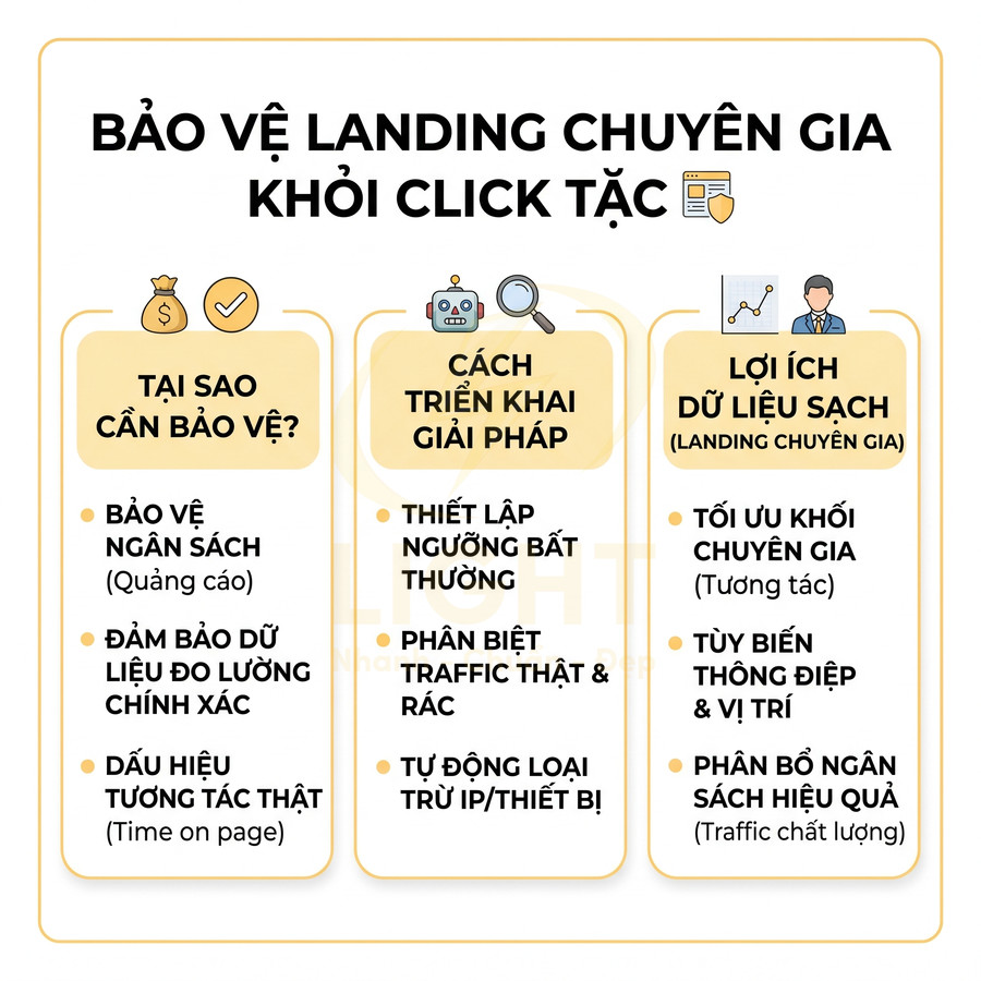 Mô tả giải pháp bảo vệ landing page chuyên gia khỏi click tặc và lợi ích của dữ liệu sạch trong quảng cáo