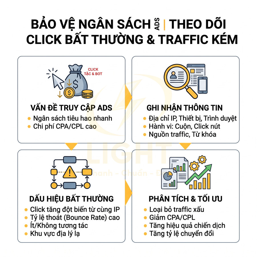 Infographic bảo vệ ngân sách quảng cáo, theo dõi click bất thường và traffic kém, phân tích tối ưu chiến dịch ads