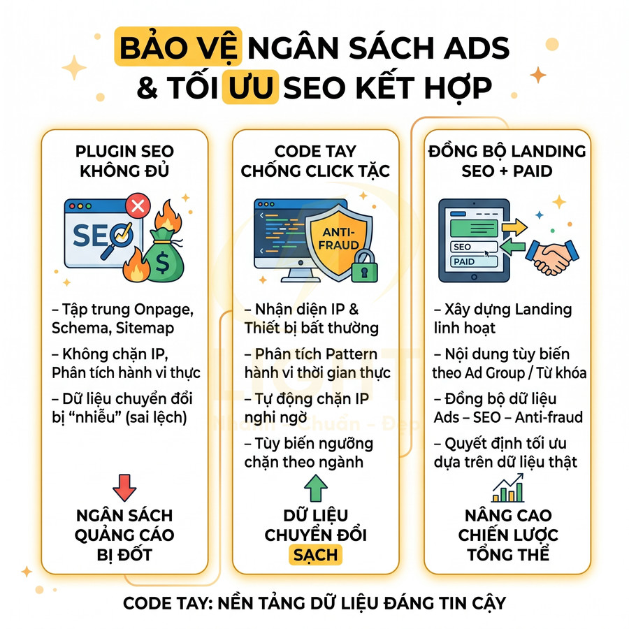 Infographic giải pháp code tay chống click tặc bảo vệ ngân sách quảng cáo và tối ưu SEO, đồng bộ landing page SEO Paid