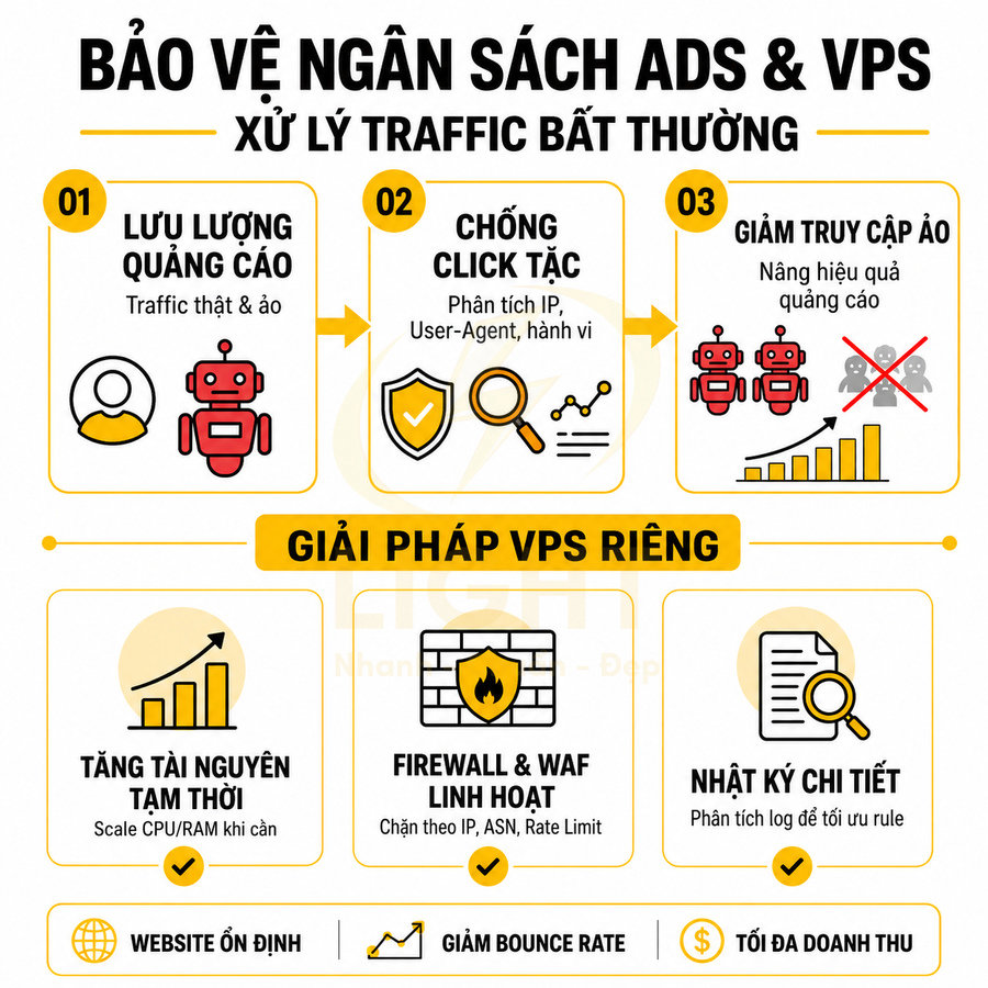 Infographic giải pháp VPS bảo vệ ngân sách quảng cáo, chống click tặc, giảm truy cập ảo và tối ưu hiệu suất website