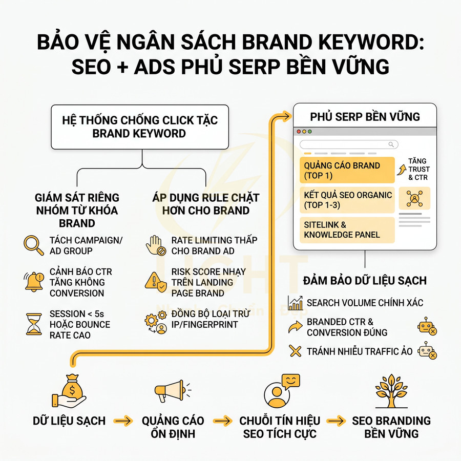 Giải pháp bảo vệ ngân sách brand keyword với hệ thống chống click tặc, dữ liệu sạch và SEO Ads phủ SERP bền vững