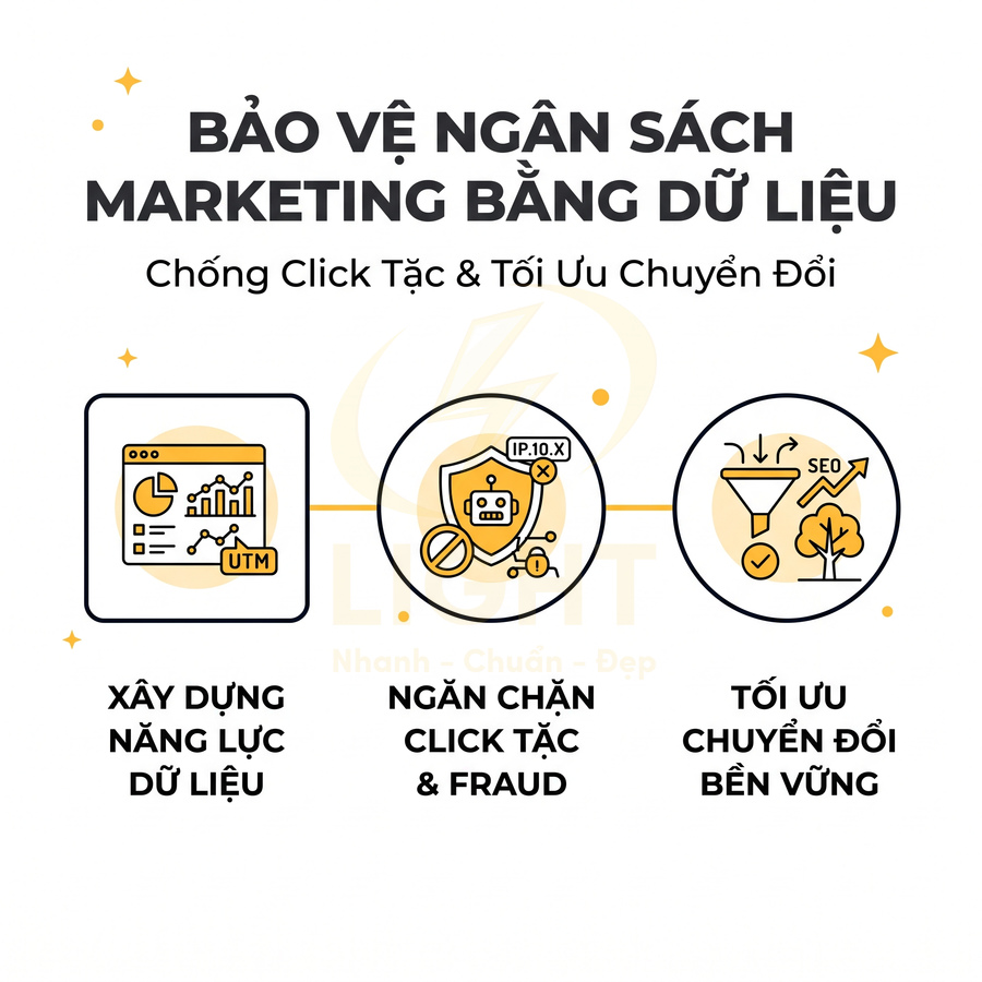 Banner giải pháp bảo vệ ngân sách marketing bằng dữ liệu, chống click tặc và tối ưu chuyển đổi bền vững