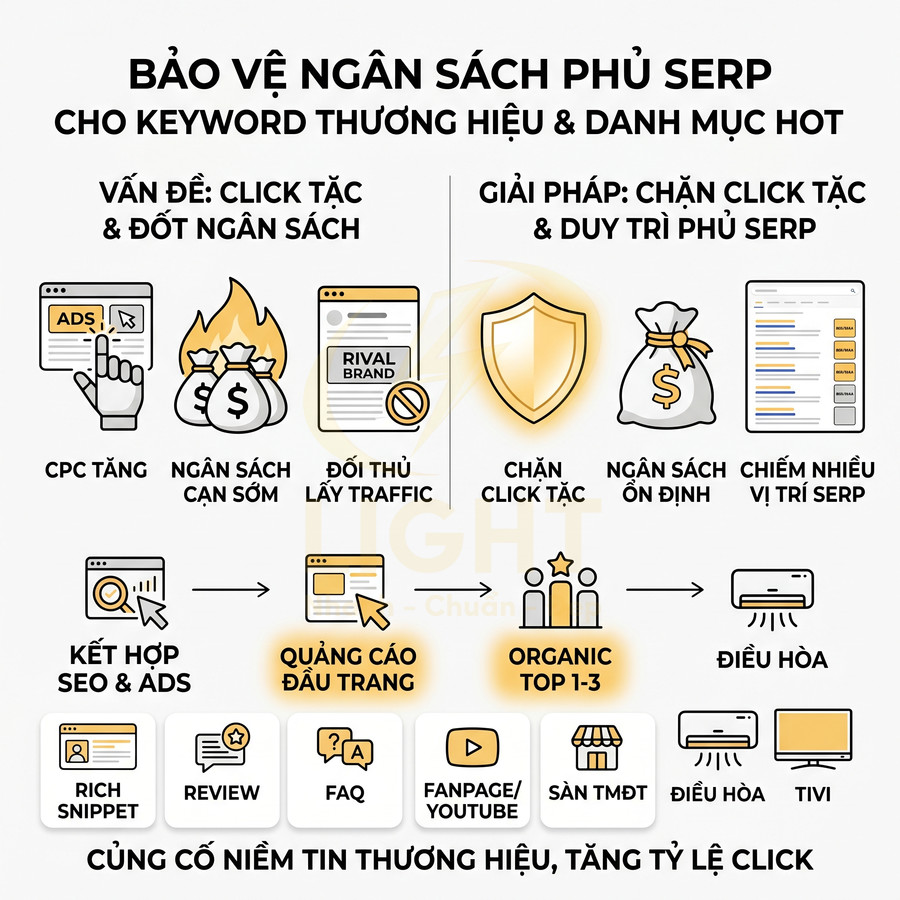 Infographic giải pháp chặn click tặc bảo vệ ngân sách quảng cáo và duy trì phủ SERP cho thương hiệu