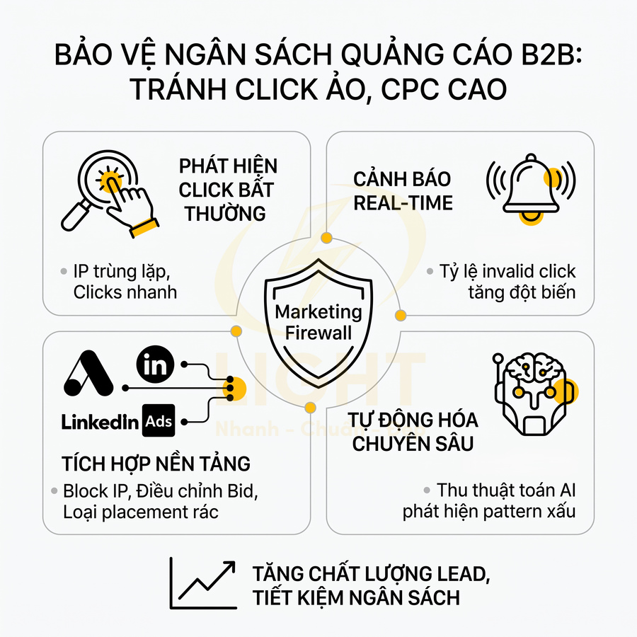 Giải pháp Marketing Firewall bảo vệ ngân sách quảng cáo B2B, phát hiện click ảo, cảnh báo real time và tự động tối ưu chi phí
