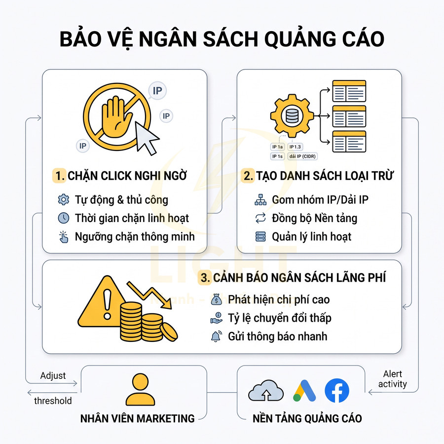 Infographic giải pháp bảo vệ ngân sách quảng cáo với chặn click nghi ngờ, tạo danh sách loại trừ và cảnh báo lãng phí