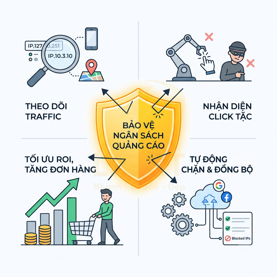 Giải pháp bảo vệ ngân sách quảng cáo với theo dõi traffic, nhận diện click tặc, tối ưu ROI và tự động chặn đồng bộ