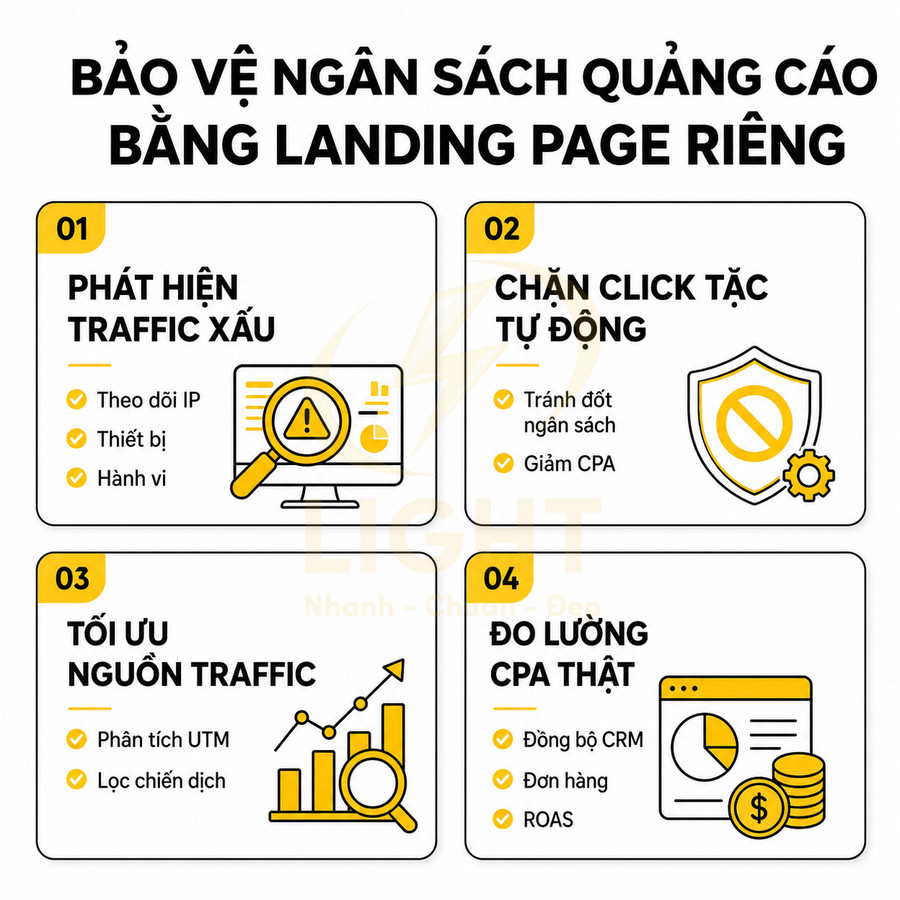 Infographic bảo vệ ngân sách quảng cáo bằng landing page riêng với 4 lợi ích tối ưu traffic và đo lường CPA