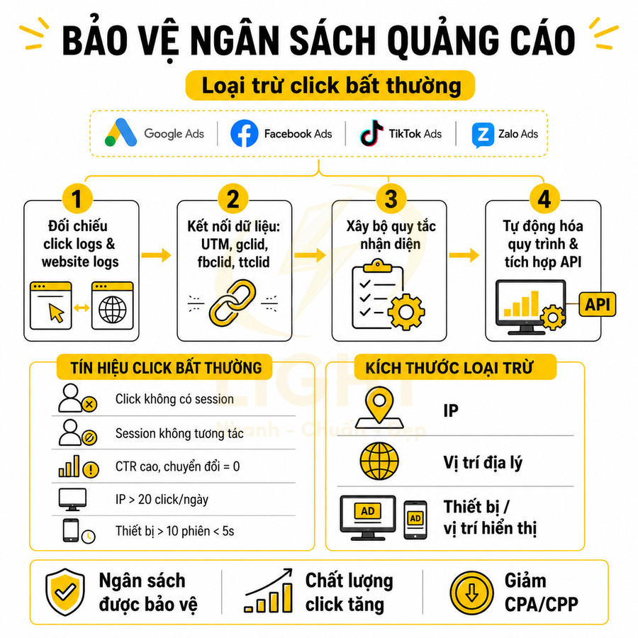 Infographic quy trình loại trừ click bất thường bảo vệ ngân sách quảng cáo Google Ads Facebook TikTok Zalo