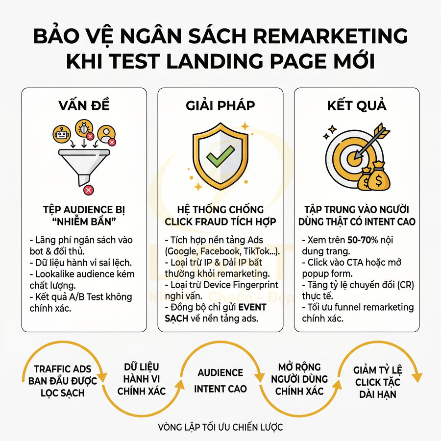 Infographic giải pháp chống click fraud bảo vệ ngân sách remarketing khi test landing page mới