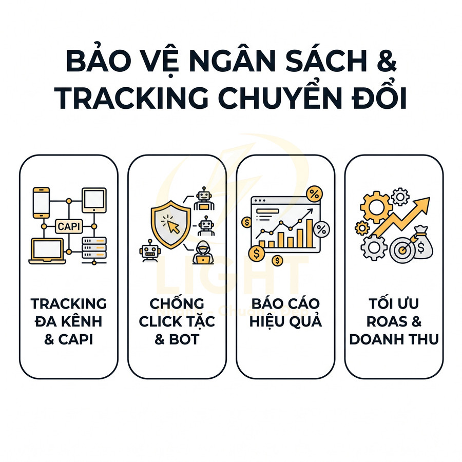 Giải pháp marketing bảo vệ ngân sách, tracking chuyển đổi, chống click tặc, báo cáo hiệu quả và tối ưu ROAS doanh thu
