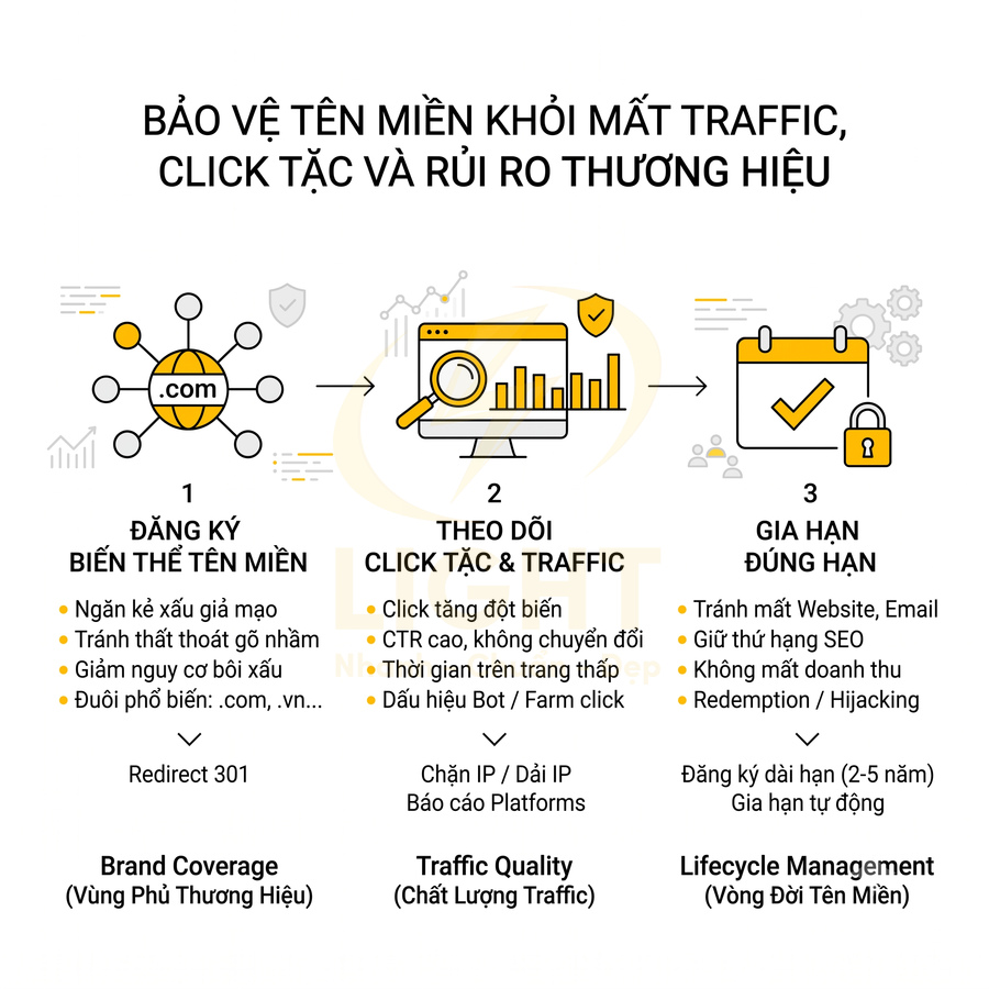 Infographic bảo vệ tên miền khỏi mất traffic, click tặc và rủi ro thương hiệu với 3 bước quản lý domain