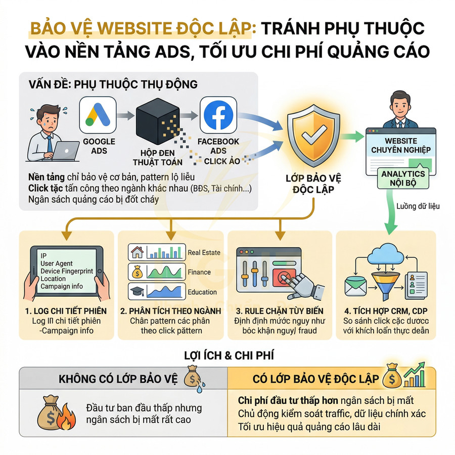 Infographic giải pháp lớp bảo vệ độc lập cho website, chống click ảo Google Ads Facebook Ads, tối ưu chi phí quảng cáo