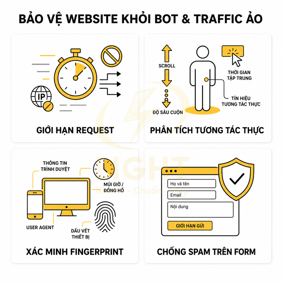 Giải pháp bảo vệ website khỏi bot và traffic ảo với giới hạn request, phân tích tương tác, xác minh fingerprint, chống spam form