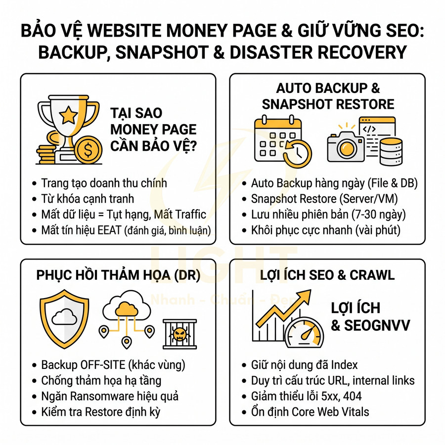 Infographic giải thích lợi ích backup, snapshot, disaster recovery bảo vệ money page và giữ vững SEO cho website