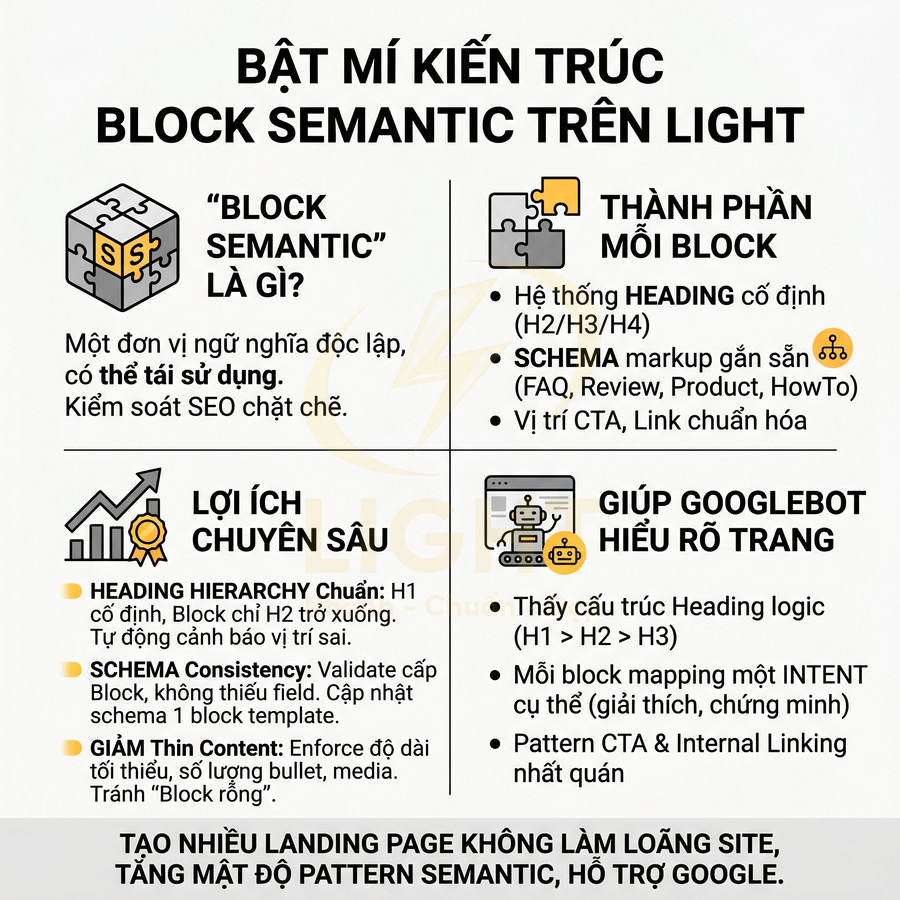 Infographic giới thiệu kiến trúc block semantic trên Light, lợi ích SEO và cách giúp Googlebot hiểu rõ cấu trúc trang