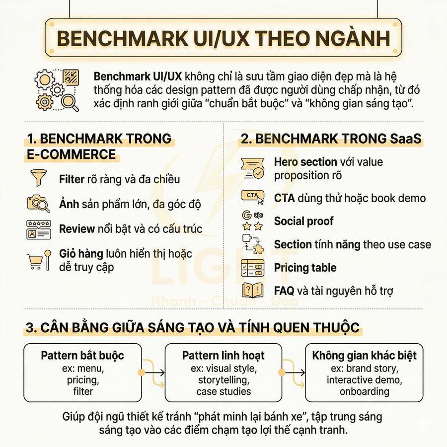 Infographic benchmark UI UX theo ngành cho e commerce và SaaS, nêu các pattern thiết kế chuẩn và cân bằng sáng tạo