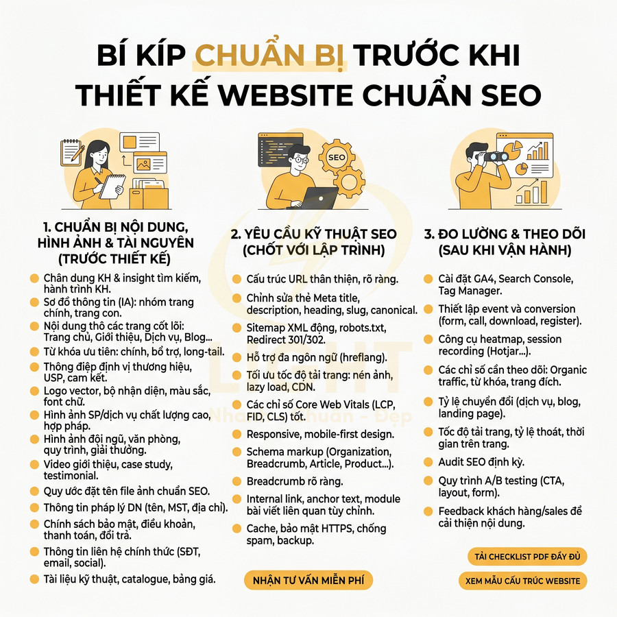 Checklist bí kíp chuẩn bị trước khi thiết kế website chuẩn SEO với nội dung, kỹ thuật và đo lường hiệu quả