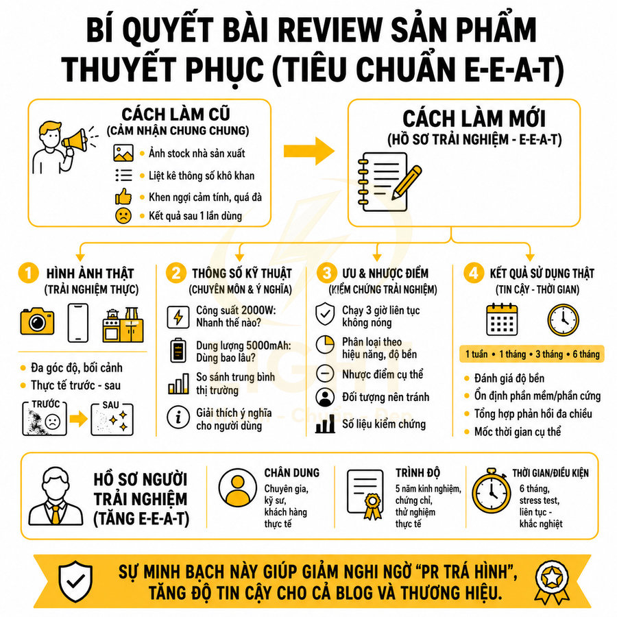 Infographic bí quyết viết bài review sản phẩm chuẩn E-E-A-T với hình ảnh thật, thông số kỹ thuật và kết quả sử dụng thực tế