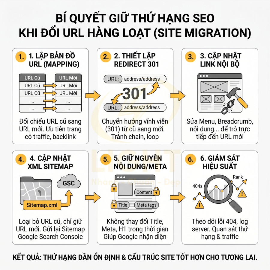 Infographic 6 bước giữ thứ hạng SEO khi đổi URL hàng loạt với mapping, redirect 301, cập nhật sitemap và giám sát hiệu suất
