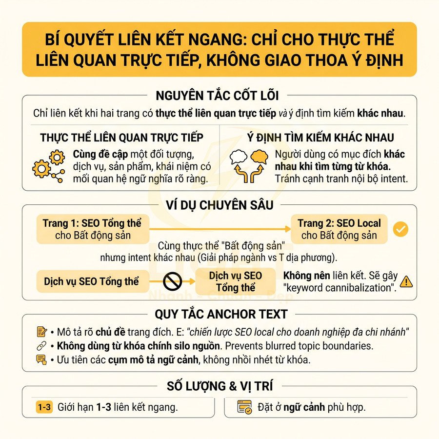 Infographic bí quyết liên kết ngang trong SEO, giải thích nguyên tắc liên kết thực thể liên quan trực tiếp và tránh giao thoa ý định