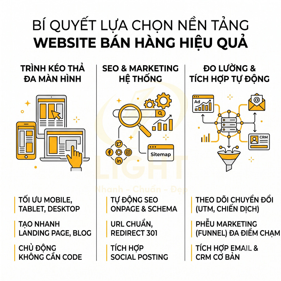 Bí quyết lựa chọn nền tảng website bán hàng hiệu quả với kéo thả, SEO hệ thống và đo lường tự động