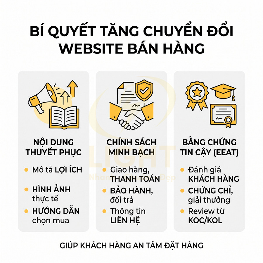 Infographic bí quyết tăng chuyển đổi website bán hàng với nội dung, chính sách minh bạch và bằng chứng tin cậy