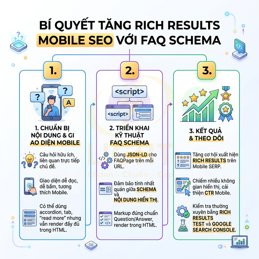 Infographic hướng dẫn tối ưu Mobile SEO với FAQ Schema để tăng rich results trên kết quả tìm kiếm di động