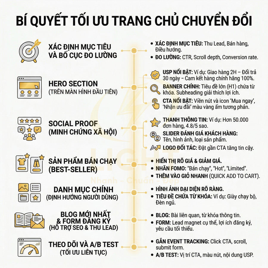 Infographic bí quyết tối ưu trang chủ website tăng chuyển đổi với các mục hero, social proof, sản phẩm bán chạy