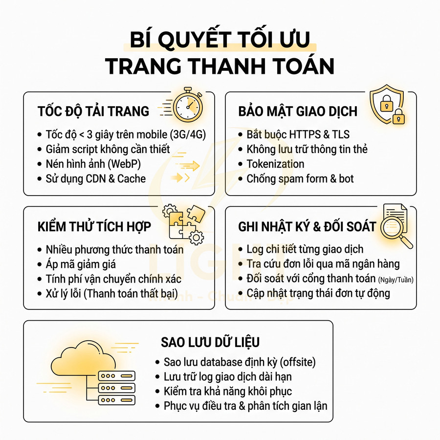 Bí quyết tối ưu trang thanh toán với tốc độ tải nhanh, bảo mật giao dịch, kiểm thử tích hợp, ghi log và sao lưu dữ liệu
