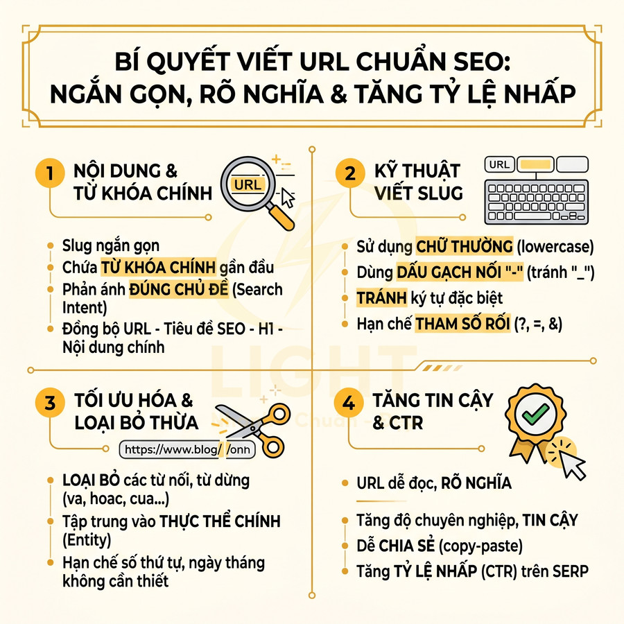 Infographic bí quyết viết URL chuẩn SEO ngắn gọn, rõ nghĩa, tối ưu slug và tăng tỷ lệ nhấp CTR