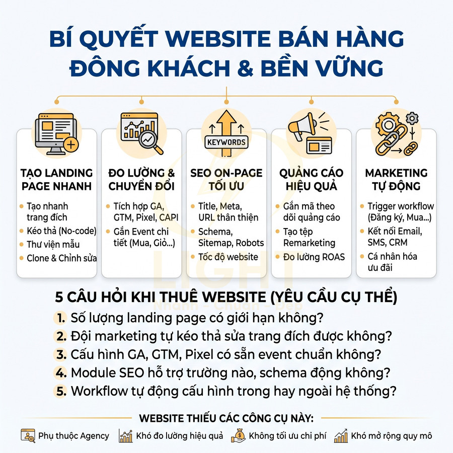 Infographic bí quyết xây dựng website bán hàng đông khách bền vững với landing page, SEO, quảng cáo và marketing tự động