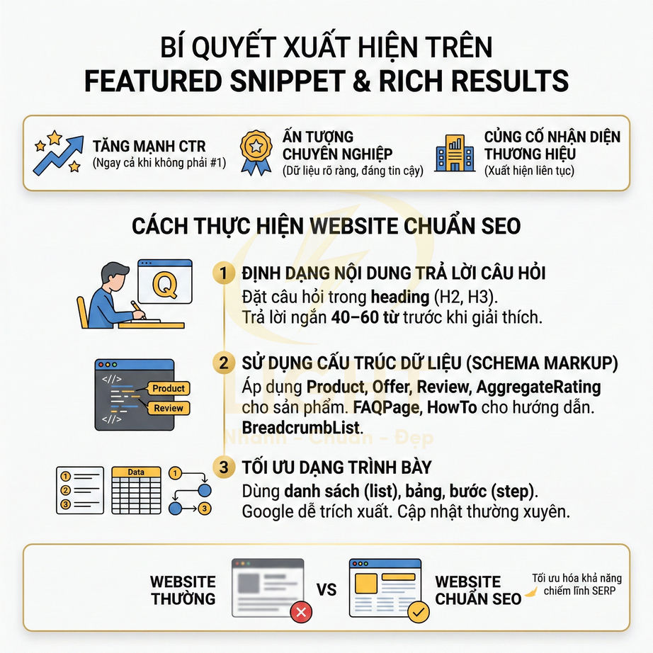 Infographic hướng dẫn tối ưu website chuẩn SEO để xuất hiện Featured Snippet và Rich Results