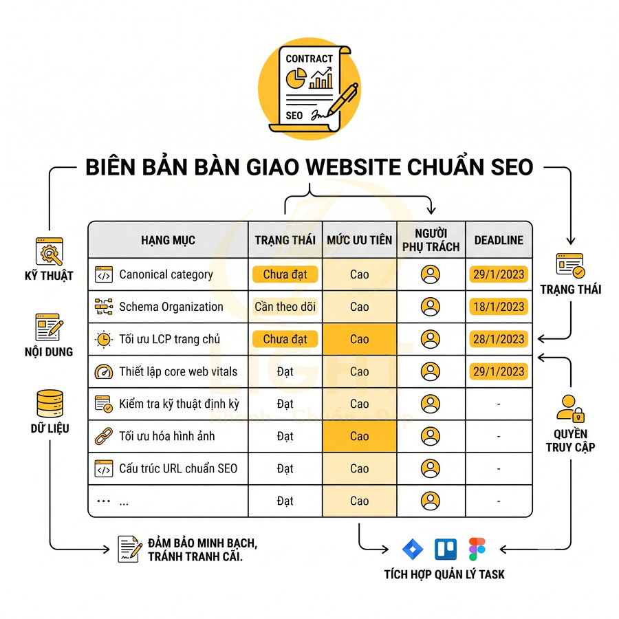 Biên bản bàn giao website chuẩn SEO với bảng checklist hạng mục kỹ thuật nội dung dữ liệu và deadline