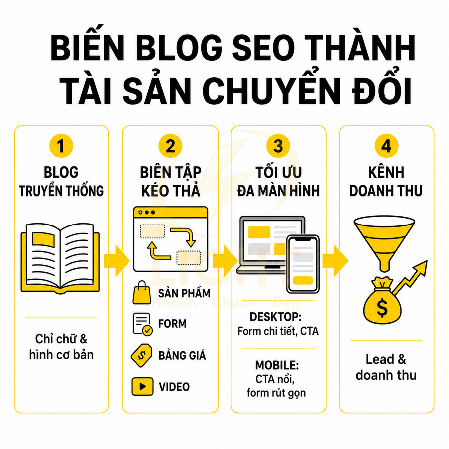 Quy trình biến blog SEO thành kênh doanh thu với biên tập kéo thả và tối ưu đa màn hình