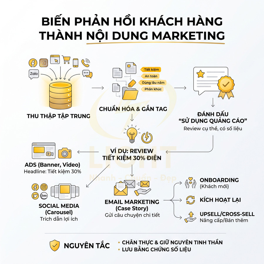 Quy trình biến phản hồi khách hàng thành nội dung marketing đa kênh với các bước và nguyên tắc chi tiết
