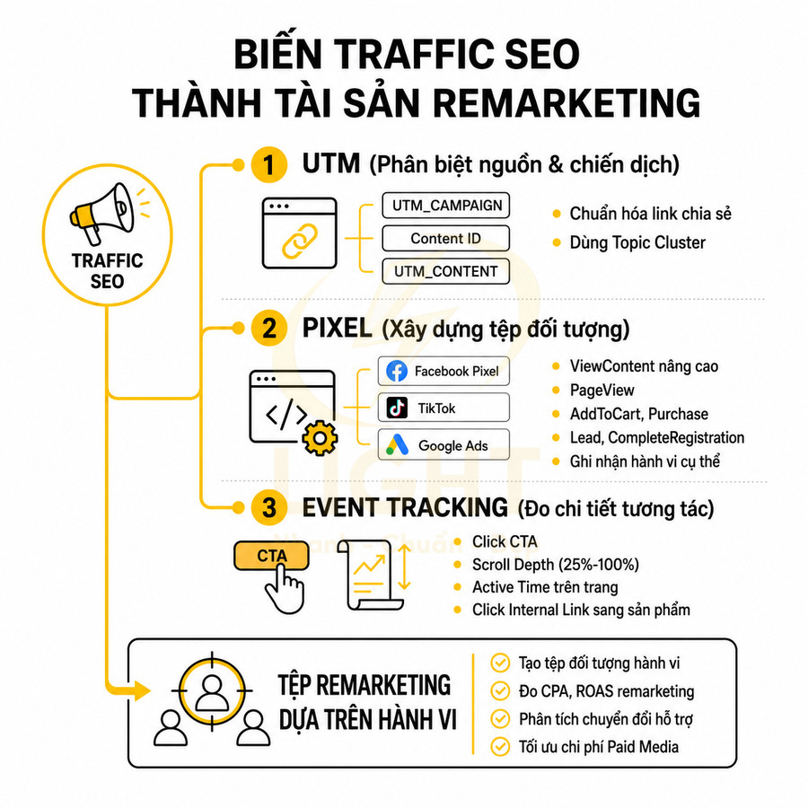 Quy trình biến traffic SEO thành tệp remarketing qua UTM, pixel Facebook TikTok Google Ads và event tracking