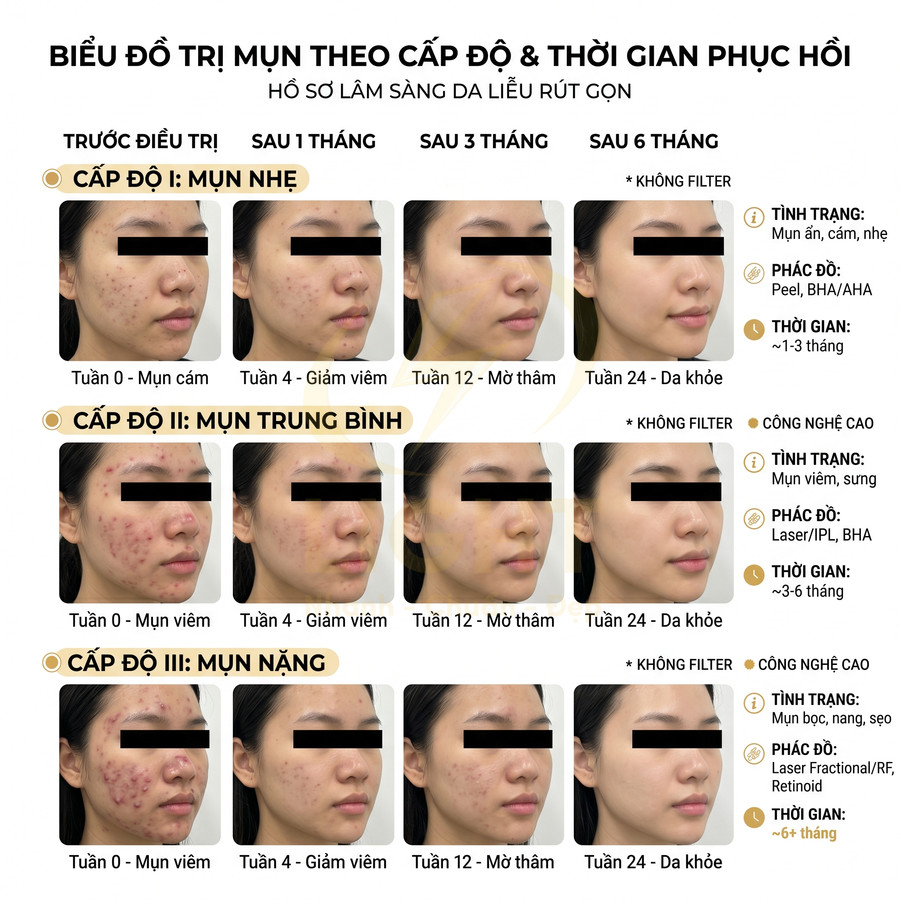Quá trình điều trị mụn nhẹ đến nặng cho nữ giới với hình ảnh da cải thiện dần sau 1 đến 6 tháng