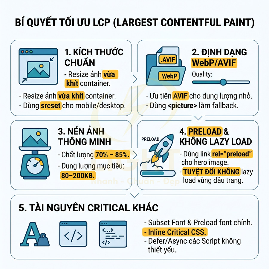 Infographic bí quyết tối ưu LCP với 5 bước: kích thước ảnh chuẩn, dùng WebP AVIF, nén ảnh, preload và tối ưu tài nguyên