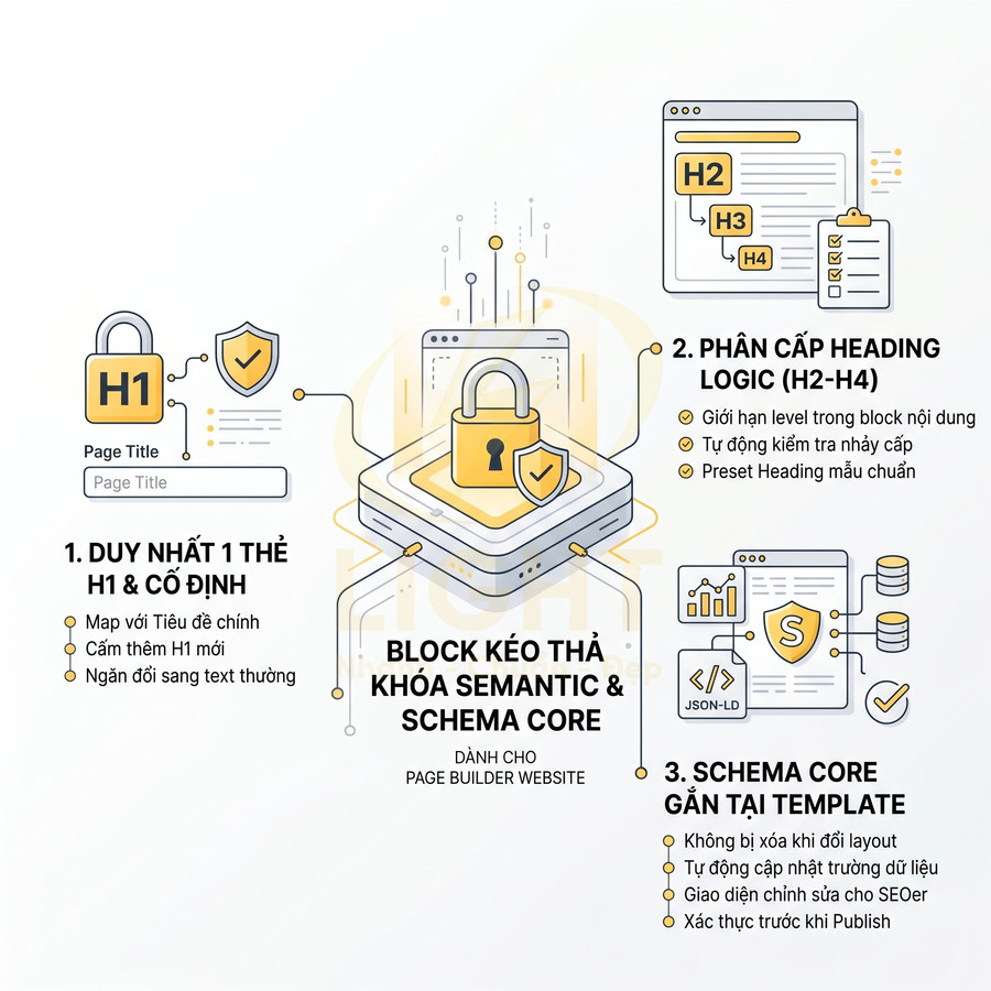 Infographic giới thiệu block kéo thả khóa semantic và schema core tối ưu heading và schema cho page builder website