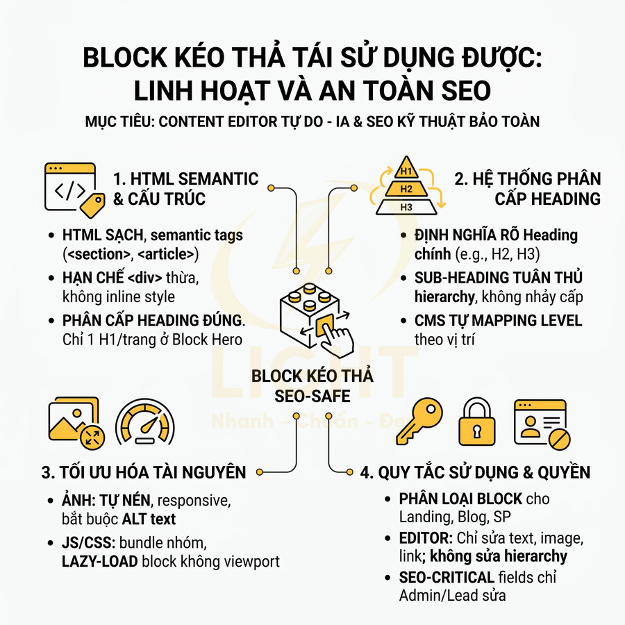 Infographic hướng dẫn block kéo thả tái sử dụng an toàn SEO với HTML semantic, heading, tối ưu tài nguyên và phân quyền