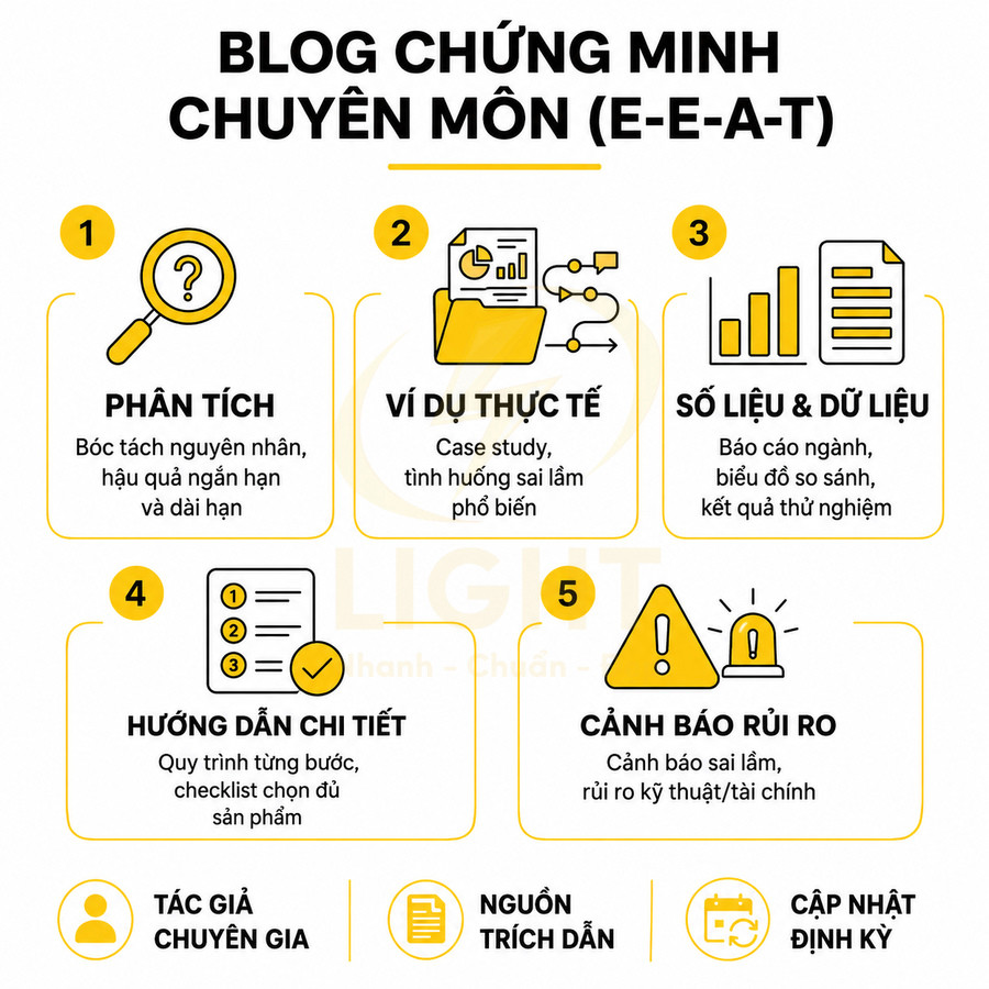 Infographic blog chứng minh chuyên môn E-E-A-T với phân tích, ví dụ thực tế, số liệu, hướng dẫn chi tiết và cảnh báo rủi ro